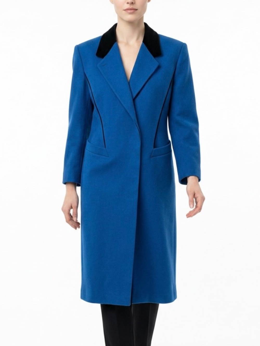 NWOT • ST. MALO • Stunning Vintage Cobalt Blue Wool Blend Long Coat Black Velvet